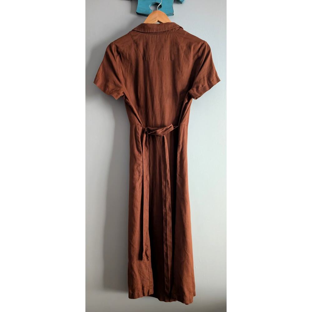 Quince 100% Linen Button Front Dress S Terracotta Rust Midi Pocket Notch Collar - Picture 14 of 16